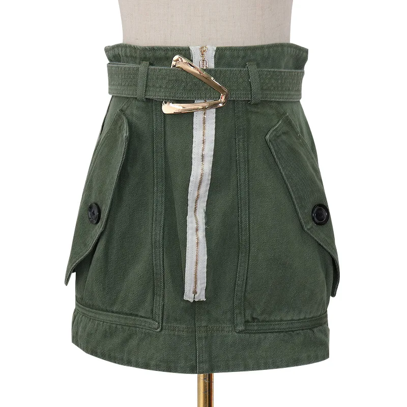 

New chic brand chic Hong Kong wind high waist army green large pocket slim waist hip skirt hip cover half skirt