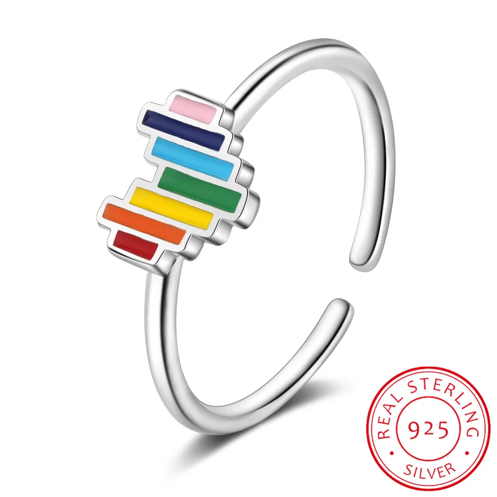 

925 Sterling Silver New Woman Fine Jewelry High Quality Rainbow Crystal Zircon Heart Ring Adjustable Size Open Ring