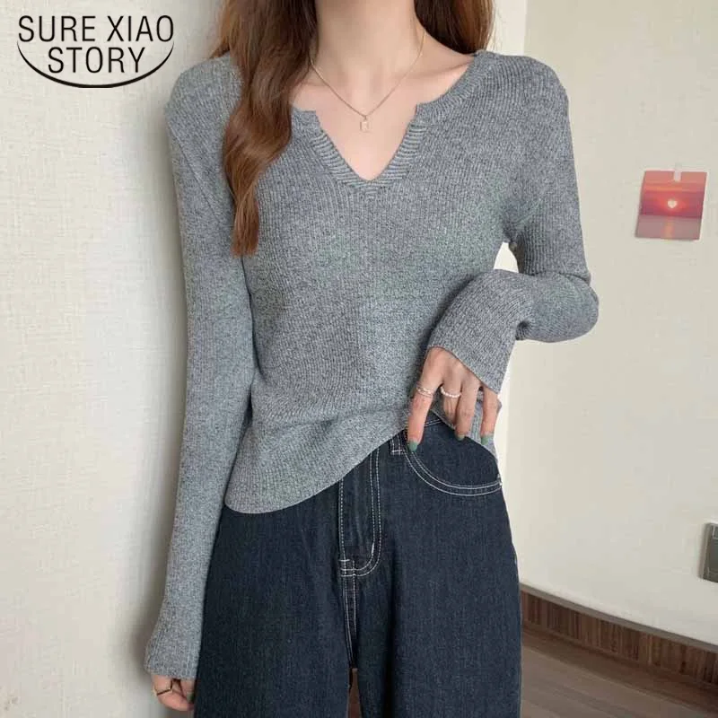 

Casual Knitted Pullovers Women Tops 2022 Autumn New Fashion V-neck Sweater Solid Long Sleeve Sweaters Winter Clothes 16408