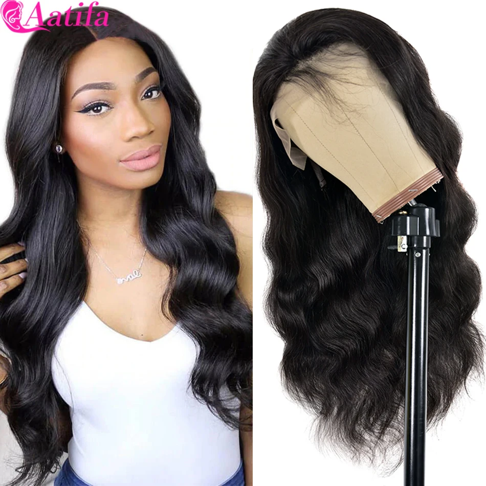 

Body Wave 13x4 Lace Frontal Human Hair Wigs Peruvian Remy Hair Pre-Plucked With Baby Hair 180% Density Aatifa For Black Women