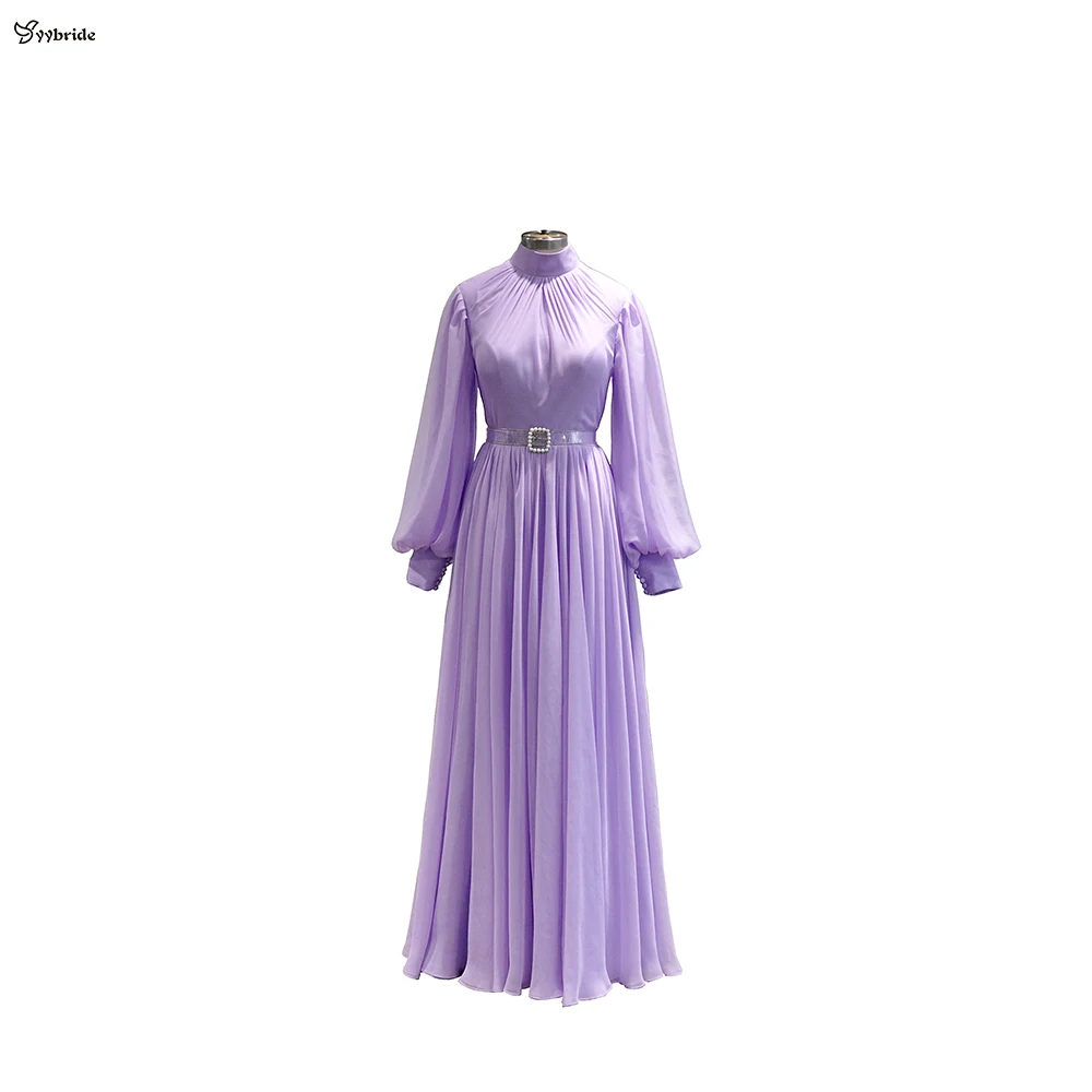 

YYbride Newest Customized High Neck Long Sleeves Floor Length Full Lining Muslim Pleats Skirt Lavender Chiffon Evening Dresses