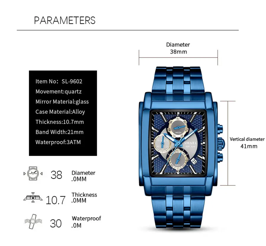 

Square Men Quartz Watch Fashion Top Brand Luxury Clock Luxury Stainless Steel Male Wrist Watch Large Dial Casual Dual Time