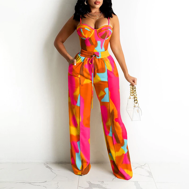 

2022 Summer Women Casaul Two Piece Suit Sets Sleeveless Colorblock Zipper Back Cami Top & Wide Legs Contrast Pipping Pants Set