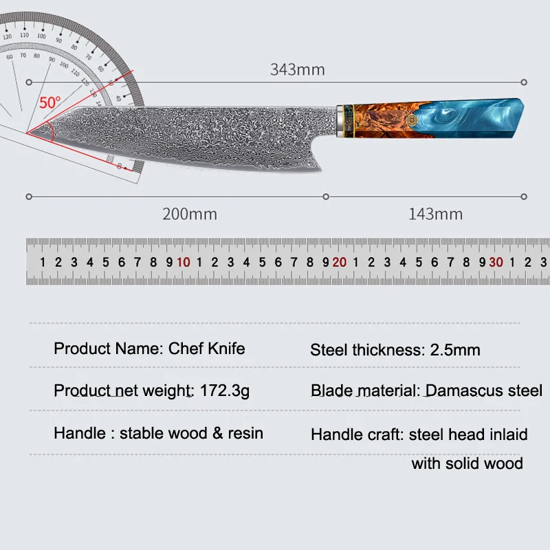 

BOUSSAC Damascus Steel 8 Inch Chef Knife Professional Japanese Kiritsuke Gyuto Meat Cleaver Slice Kitchen Knife Cooking Tools