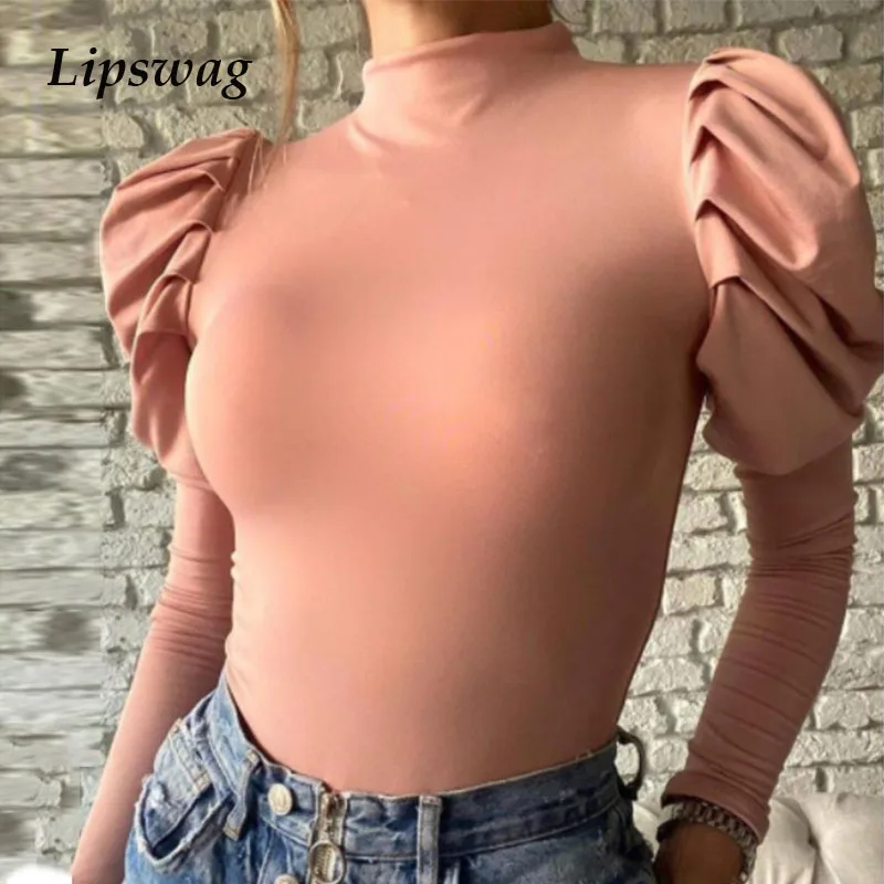 

Women Elegant Solid Color Puff Shoulder Draped Blouse Shirts Spring Autumn Puff Shoulder Draped Pullover Tops Long Sleeve Blusa