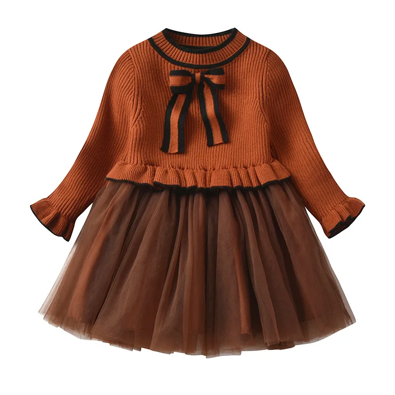 

Girl's Mesh Splicing Sweater One-piece Dress Round Neck Long Sleeve Dresses Bow Elastic Knitted Bubble Skirt
