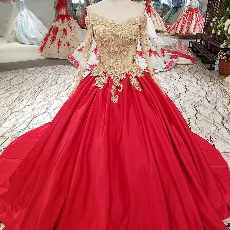 LS32945 2018 от плеча красное атласное вечернее платье длинный рукав A liner illusion простая