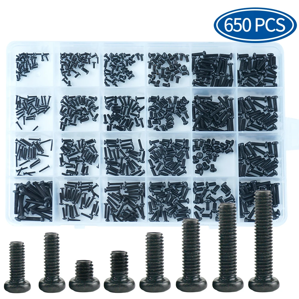 

650pcs Cross Recessed Round Pan Head Machine Screws Set M1.4 M1.7 M2 M2.5 M3 Mini Screw laptop computer screw Phillips Screw Kit