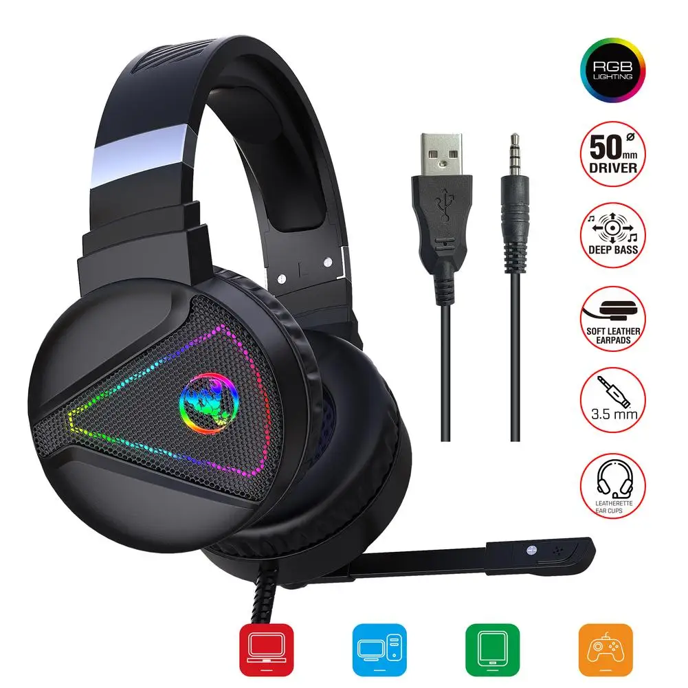 Игровые наушники с креплением на голову RGB цветная светящаяся Проводная игровая