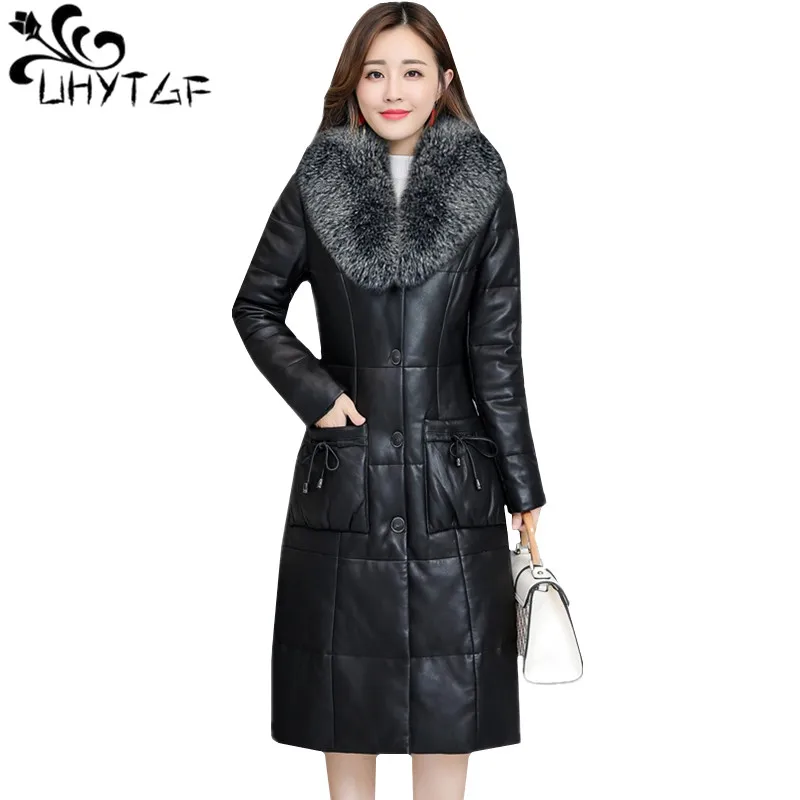 

UHYTGF Quality winter leather jacket women fox fur collar thick warm leather down jacket Washed leather 4XL plus size coat 506