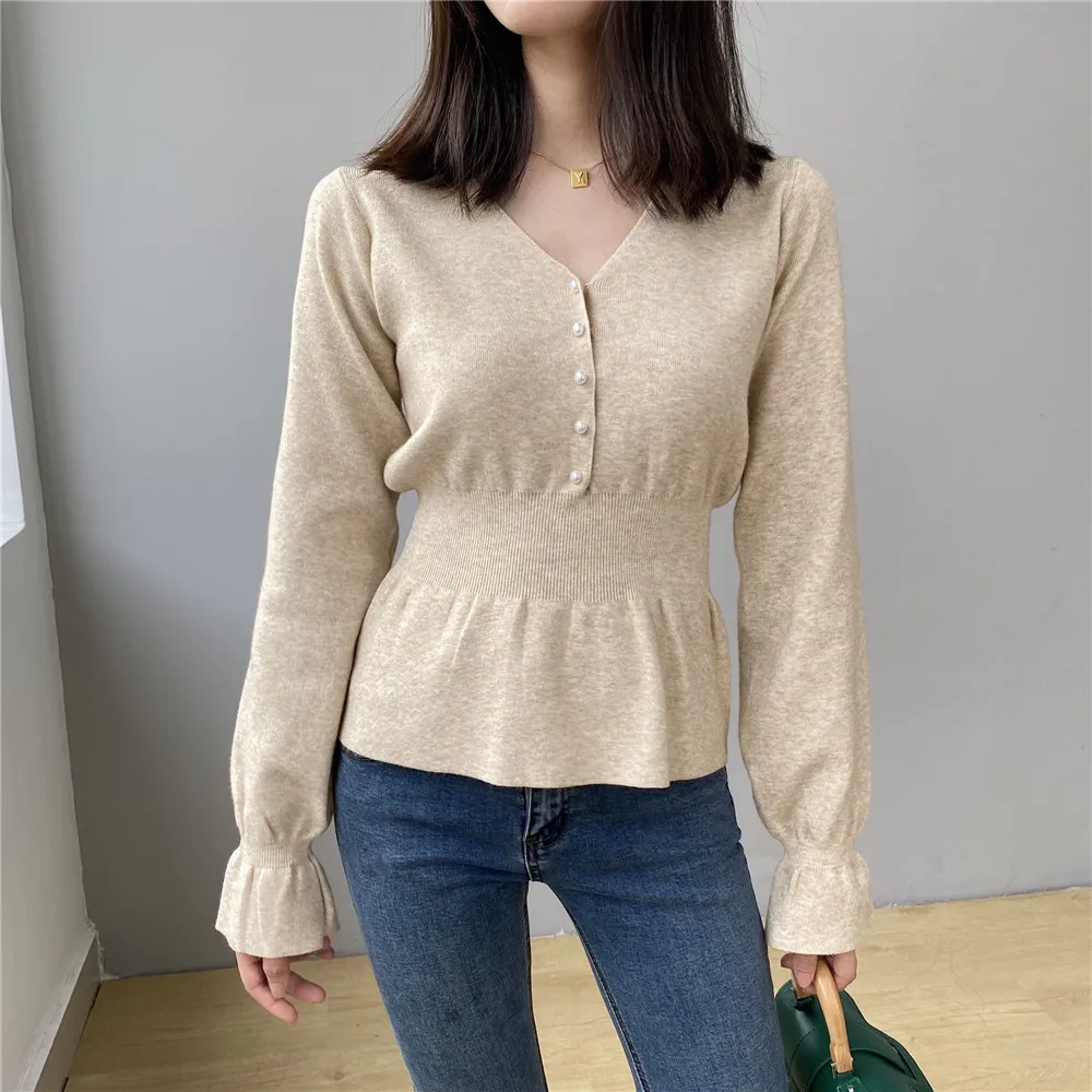 

Button V-neck Long-sleeved Sweater 2020 New Autumn and Winter Solid Color Sweater Knitted Pullover Top NS2143