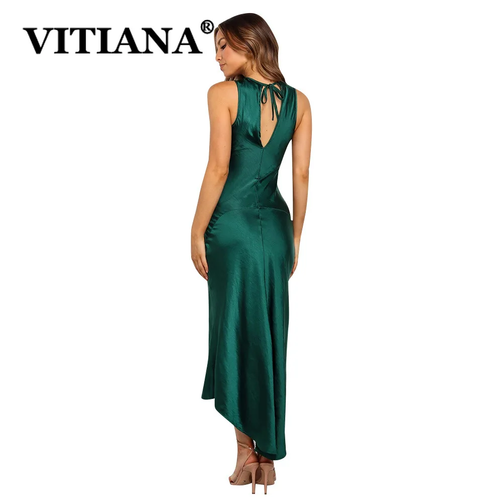 VITIANA Women Bodycon Sexy Dress Spring 2020 Female Sleeveless Backless Solid Green Casual Pencil Midi Dresses Elegant Vestidos | Женская