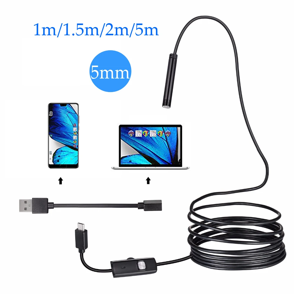 Бороскоп и эндоскоп Snake HD с линзой 5 мм 1/1 5/2 м 480P USB OTG водонепроницаемый для