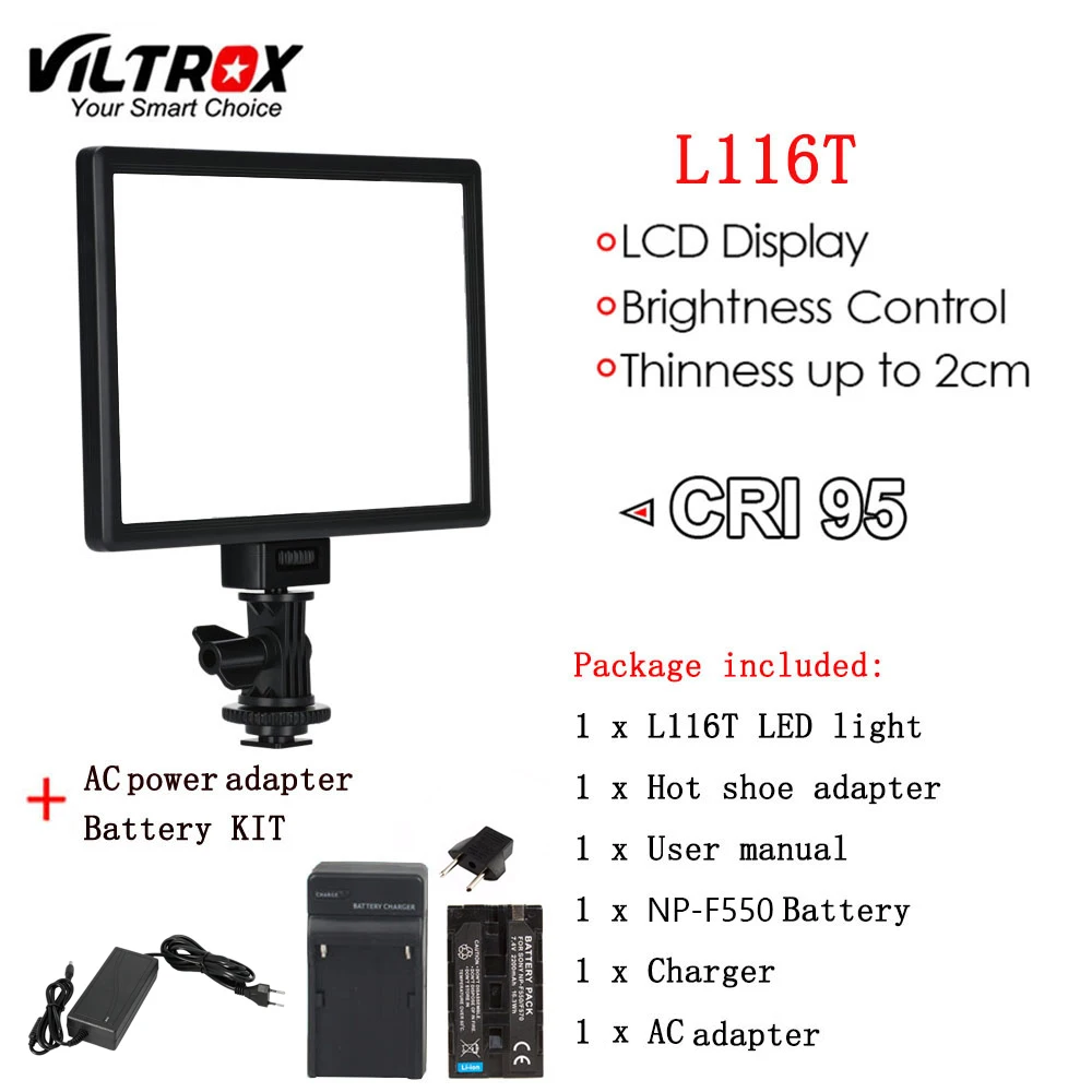 L116T KIT Viltrox L116T ЖК-дисплей двухцветный и Диммируемый тонкий DSLR видео светодиодный светильник дополнительный аккумулятор+ адаптер переменного тока для камеры DV видеокамеры - Цвет: L116T KIT