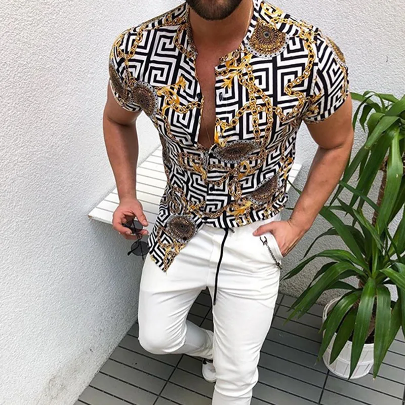 

Summer Nation Style Man Shirt 2021Mens Ethnic Printed Stand Collar Stripe Short Sleeve Loose Hawaiian Henley High quality Shirt