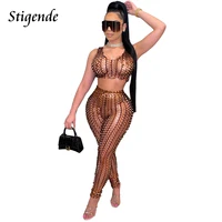 stigende women sexy hollow out 2 piece party set see through night club wear summer hole mesh crop tank top and pencil pants