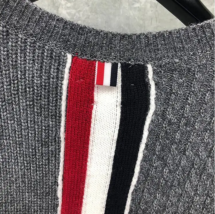 

2021 Fashion TB THOM Brand Sweaters Men Slim Fit O-Neck Pullovers Clothing Striped Spliced 100% Wool Thick Winter Casual Coat