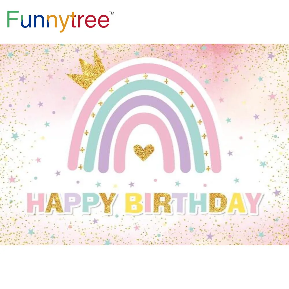 

Funnytree Happy Birthday Backdrop Rainbow Crown Stars Golden Sequins Custom Poster Birthday Party Decoration Photocall