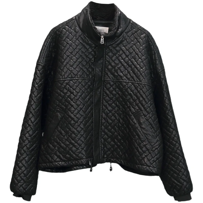 

2021 European Style Womens Padded Pu Biker Coat Ladies Loose Black Warm Faux Leather Jacket Real Fur Collar Clothes Winter Ropa