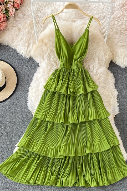 

V Neck Sleeveless Shoulder Strapless Camis Dress Women Ruffles Patchwork Multicolor Holiday Vestido High Waist Hip Robe 2021