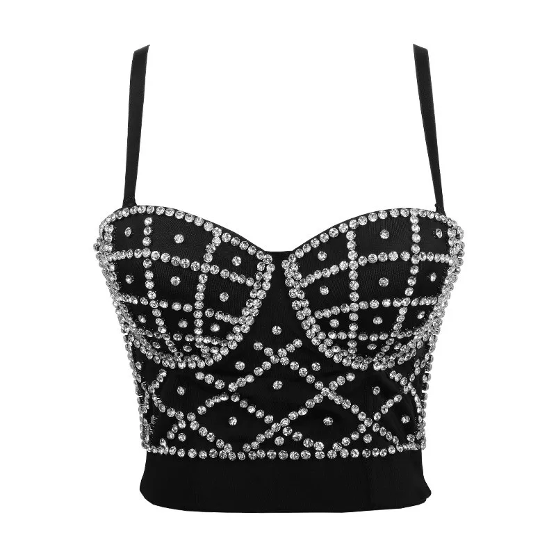 Женский укороченный топ Croptop элегантный пикантный черный бюстье с бисером майка
