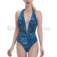 electronic circuit board swimsuit one piece bikini padded blue board chip circuit closeup component computer conductor