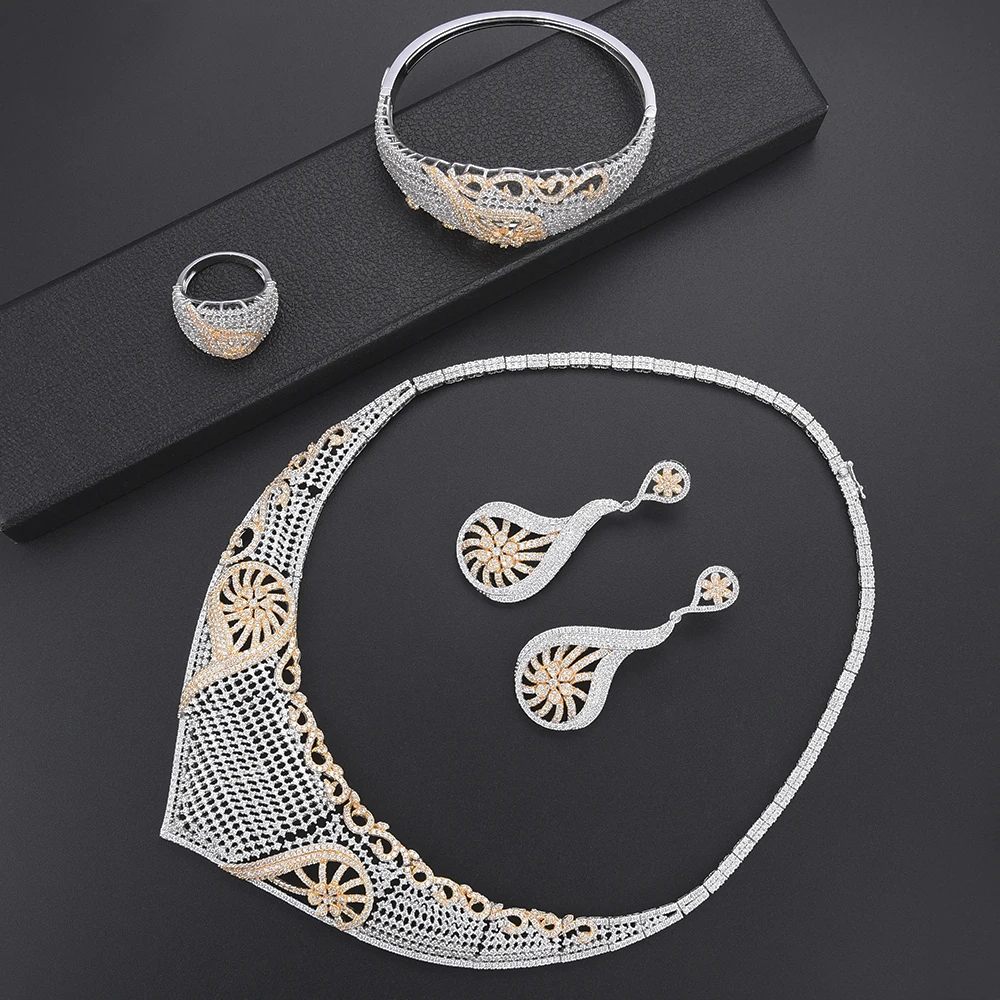 

LARRAURI роскошное ожерелье/браслет/кольцо/серьги для женщин полный кубический цирконий ювелирные изделия Подвески массивные ювелирные набор...