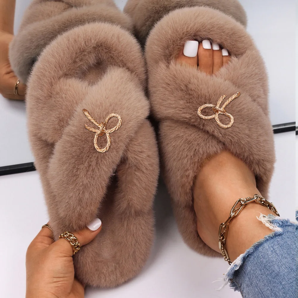 Fluffy Slippers Female Rope Bow Decor Faux Fur Slides Flip Flops Designer Fluffy Sandals Indoor Slippers Luxury Winter Shoes
