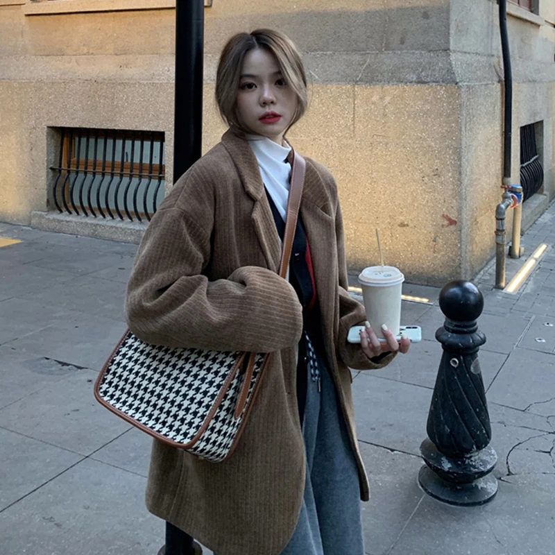 

Sister Fara Winter New Thicken Woman's Lapel Jacket Suit Korean Single-Breasted Vintage Loose Long Sleeve Big Pocket Brown Coat
