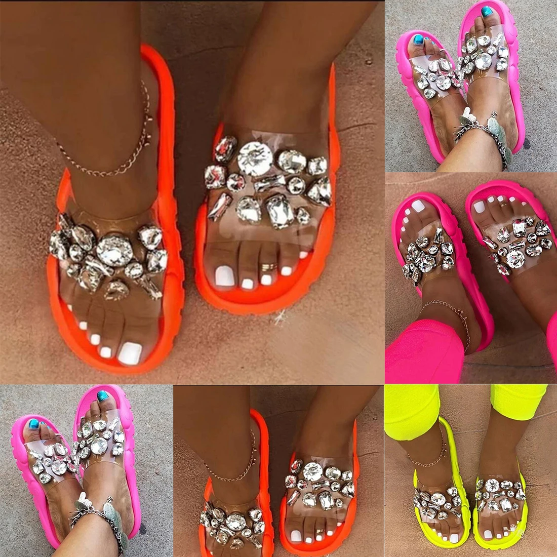 

2021 Sandals Slippers Women Summer Flat Shoes Rhinestone Slippers Outdoor Beach Sandalias Open Toe Zapatillas Mujer Plus Size 43