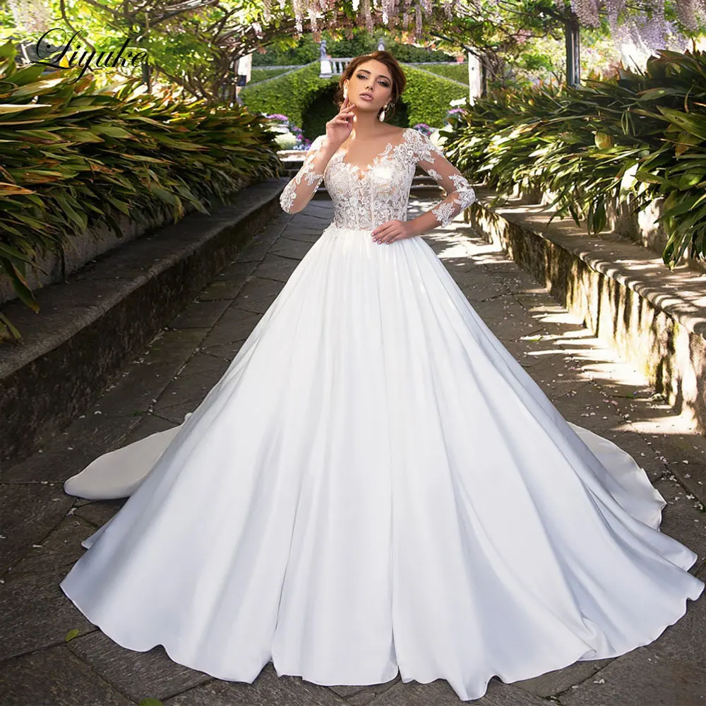 

Liyuke Diamond White A Line Wedding Dress With Elegant Stain Skirt Of Full Sleeve Princess Bride Dress Full Sleeve