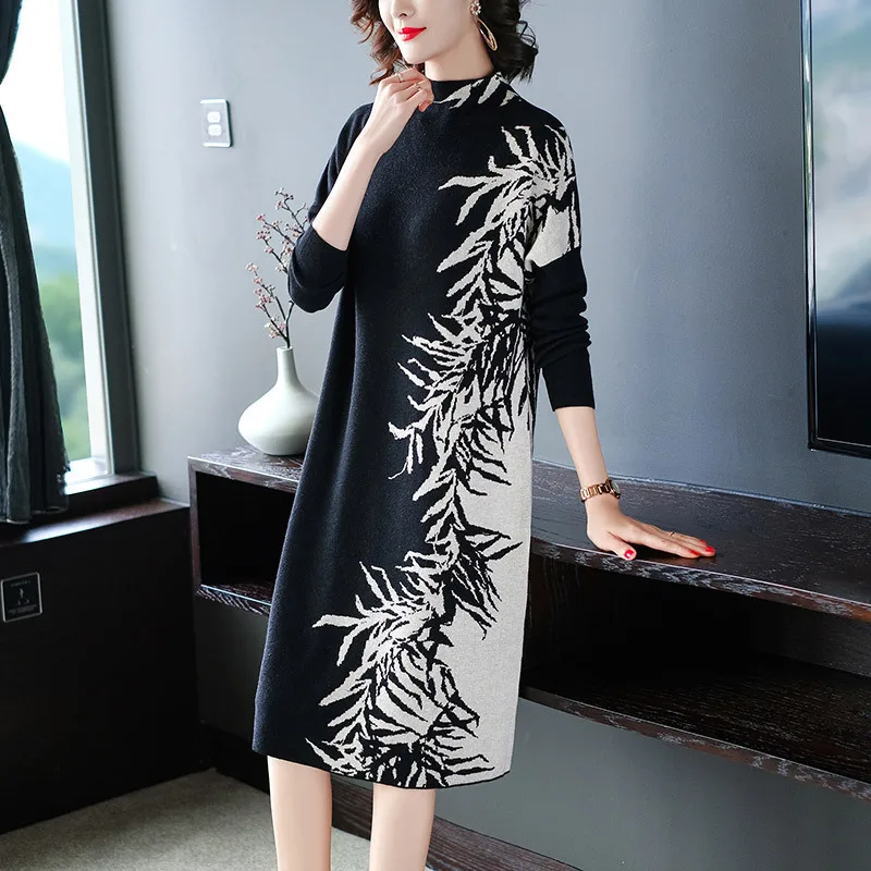 

Women s Clothing Dresses Christmas sexy pullover jurken work black white floral dress plus size loose long 2019 autumn winter