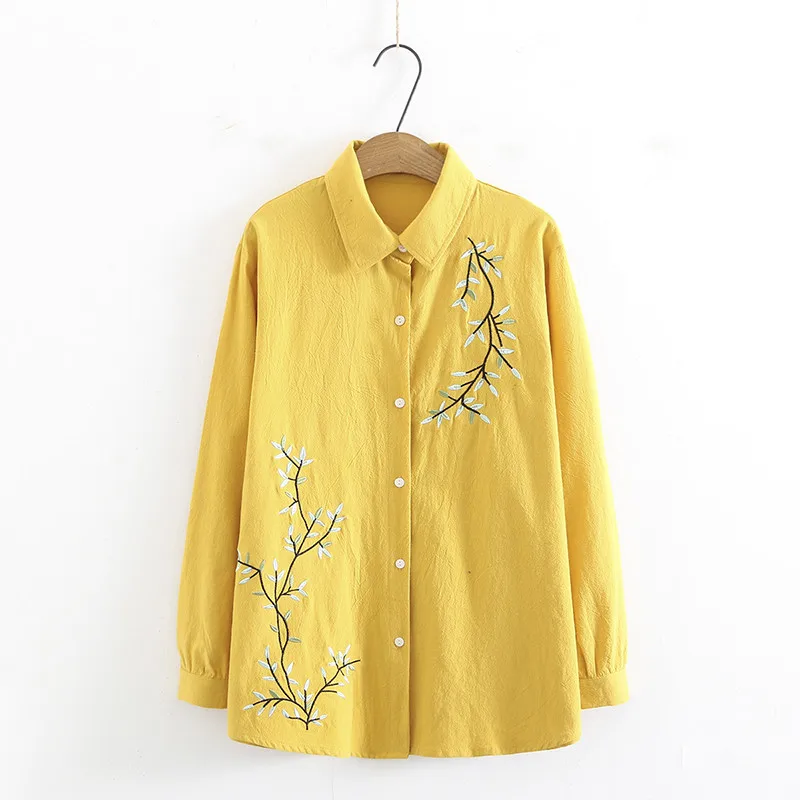

Plus Size Women's Shirt Long Sleeve Lapel Cotton And Linen Chinese Style Embroidery Flower Pattern Large Size Shirt In Autumn