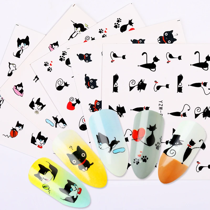 1 лист наклейки для ногтей маленькая черная кошка серия Смешанные узоры