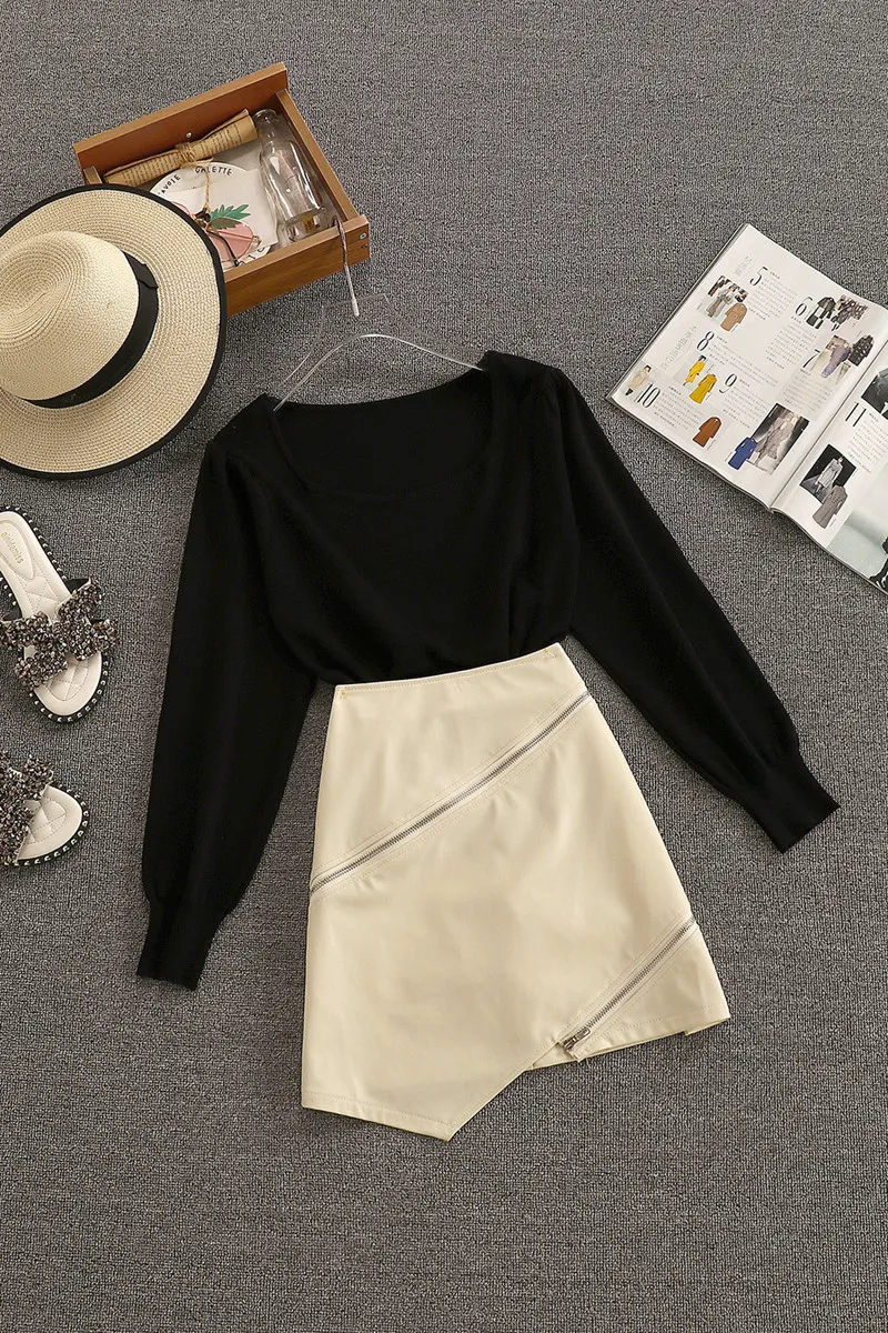 

Spring style temperament, small size, thin short knit top, irregular short skirt, small leather skirt suit, two-piece female