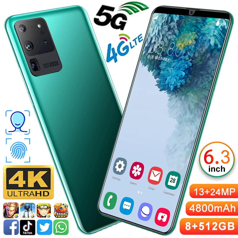 

6.3 Inch Global Version Smartphone Really S21U 8GB+512GB Android 10 Core 5G 4800mah 13MP+24MP Unlocked Cheap Telephone Celulares