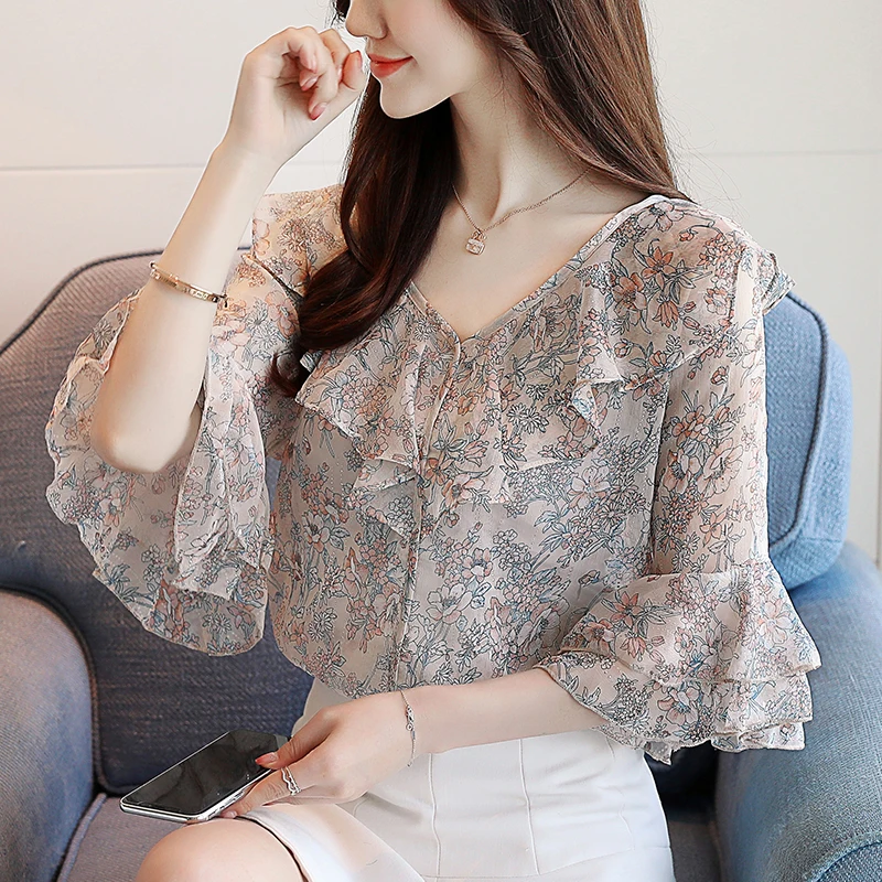 Женское шифоновое платье с цветочным принтом свободная рубашка V образным