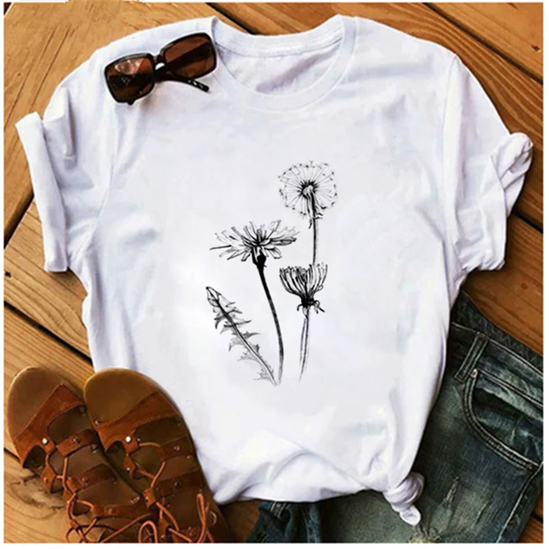 

Wildflower Dandelion Print Simple Casual Fun T-shirt Gift For Women Yong Girl Top AOWOF Summer Ladies T-shirt