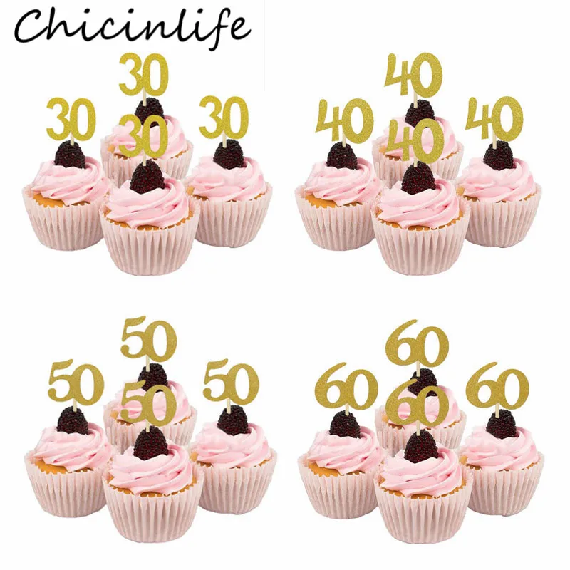 Chicinlife 10 шт. 30 40 50 60 лет, топперы для кексов, день рождения, юбилей, взрослые, 30th аксессуары для торта на день рождения, товары