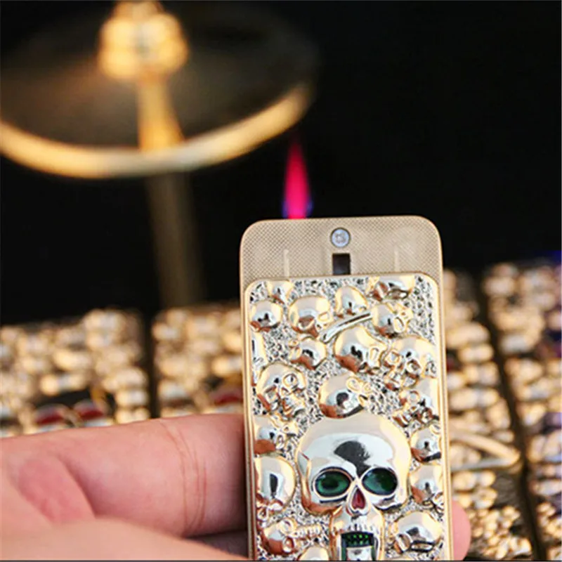 

Creative Personality Metal Skull Embossed Craftsmanship Windproof Straight Red Flame Butane Gas Lighter Smoking Set Men Gift