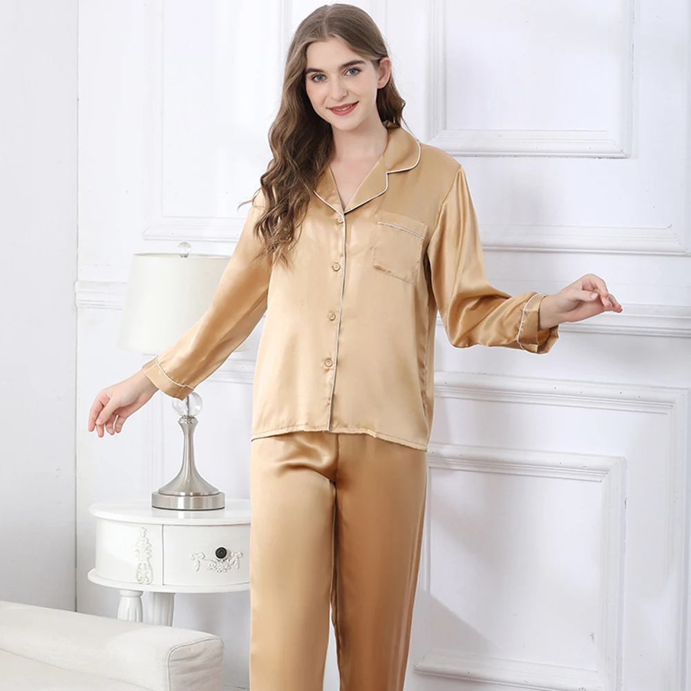100% Mulberry Silk Women 2pcs Pajamas Suit Home Clothes Long-sleeved Sleepwear Sets for Girls