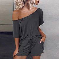 solid color home clothing female amazon new tie with short sleeved basic home clothing set pajamas womens spring and summer