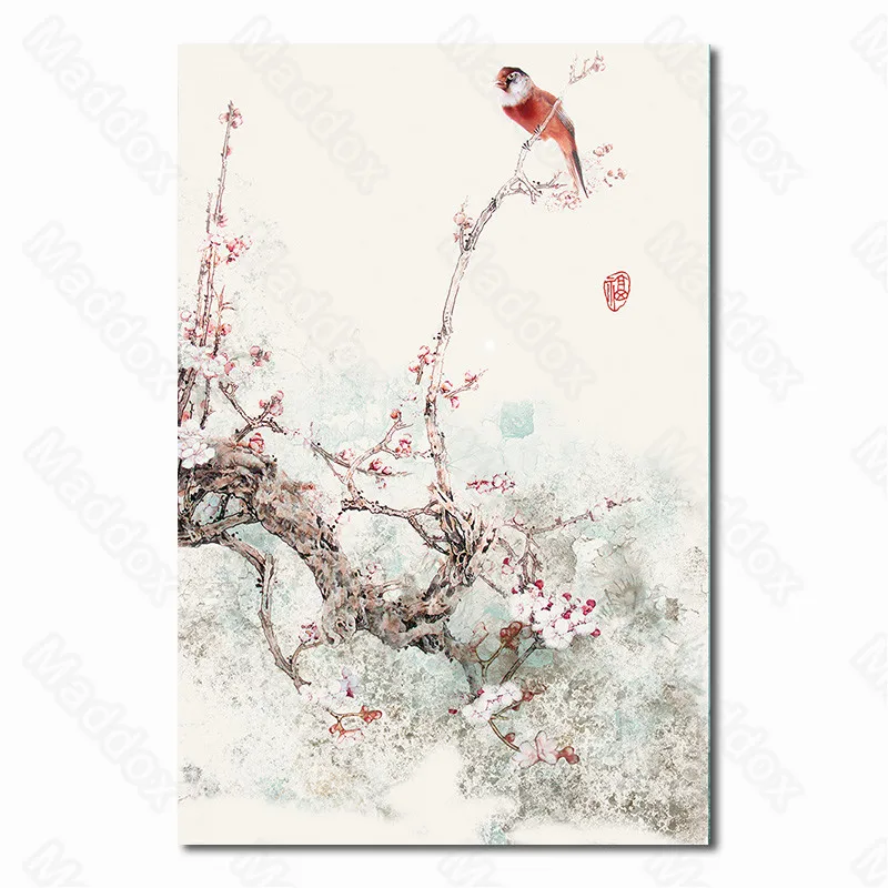 

Waterproof Ink Ancient Chinese Style Folk Custom Triptych Beautiful Scenery On The Wall with Birds On Plum Branches Painting