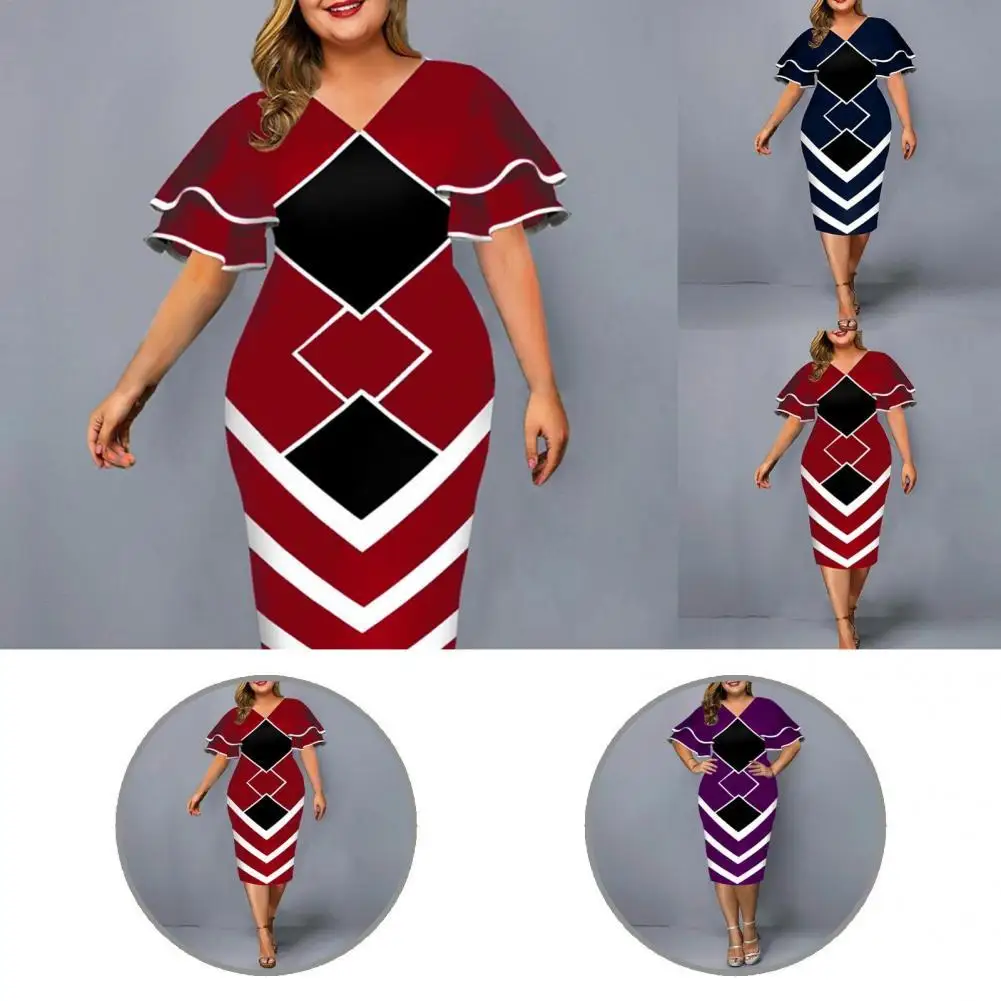 

Short Sleeve Lady Positioning Geometric Print V Neck Dress for Party