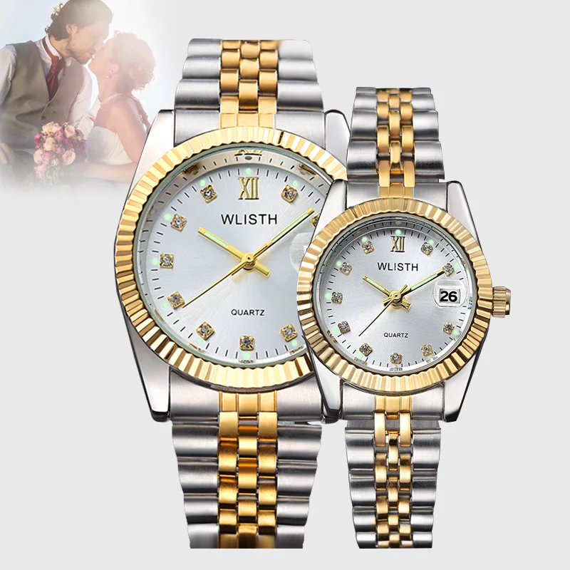 

2020 WLISTH New Luxury Gold Watch Lady Men Lover Stainless Steel Quartz Waterproof Male Wristwatches for men Analog Auto date cl