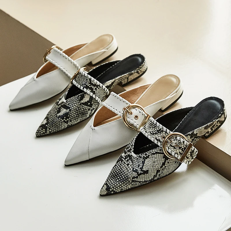 

ISNOM Snakeskin Slippers Women Genuine Leather Slides Shoes Woman Buckle Strip Mules Ladies Slippers Pointed toe Chunky Heels