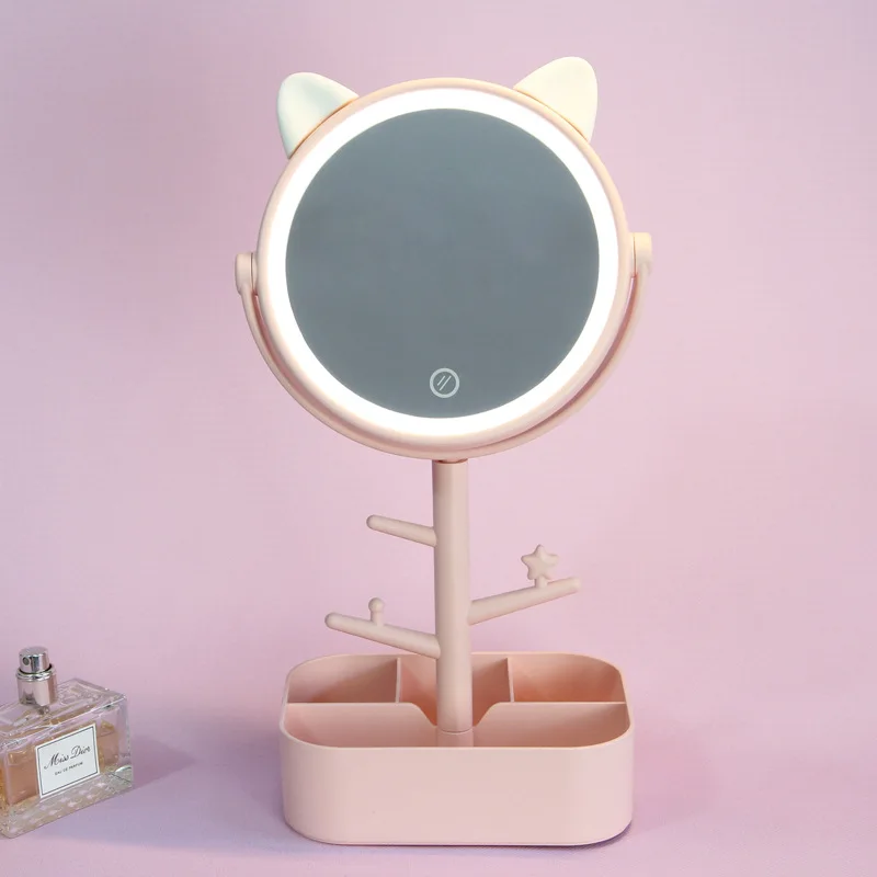 Light Pink Настольный светодиодный косметическое мини-зеркало многофункциональный ящик для хранения косметики органайзер для косметики губная помада подводка для глаз 360 ° лампа регулируемая - Цвет: Light Pink