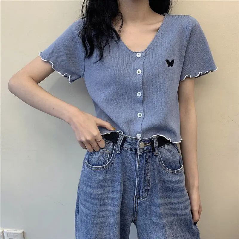 

Sweet Cute Ruffle Short Sleeved Knitted Cardigan Korean Style V-Neck Solid Color Tops Fashion Butterfly Embroidery Short T-Shirt