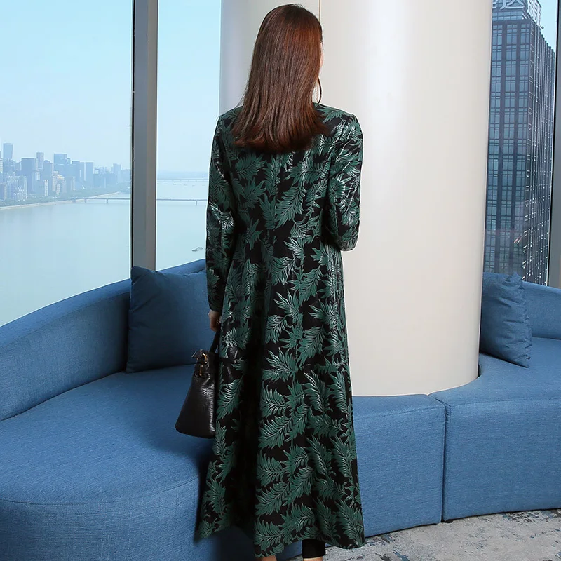 

and spring 2020 autumn women's new high-quality printed sheepskin leather leather long slim fashion windbreaker