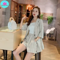 2021 summer korean temperament plaid casual blazer and shorts 2 piece net red suit three quarter button fly single breasted